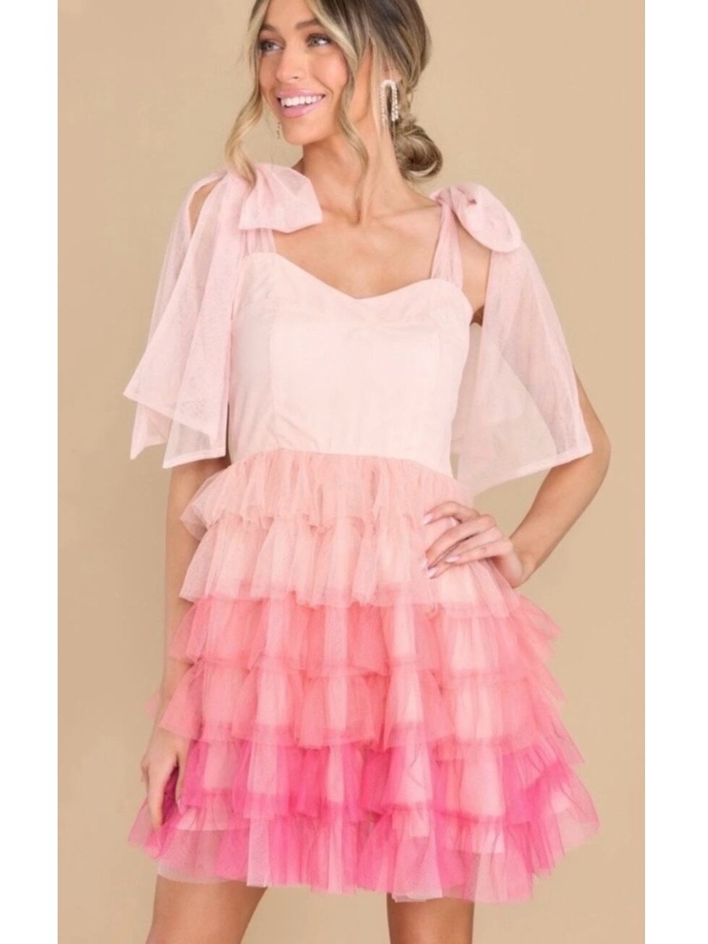 Aura Pink Valentine Tulle Ruffle Tiered Shoulder Bows Mini Tutu Party Dress XS
